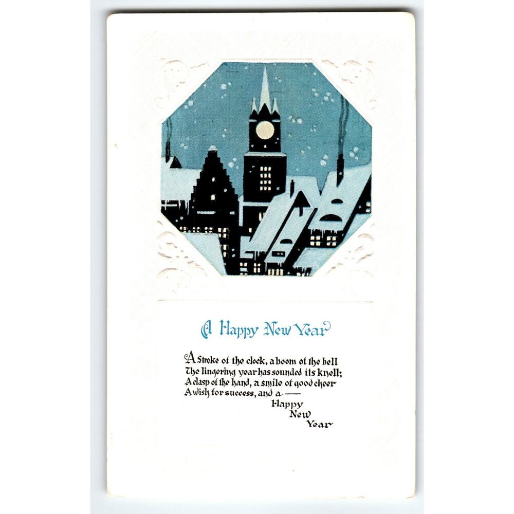 New Year Postcard Nighttime Clock Tower Snow Flakes Vintage Embossed Antique